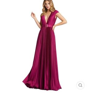 Ieena for Mac Duggal Raspberry Pleated Plunge Neck Belted Satin Gown